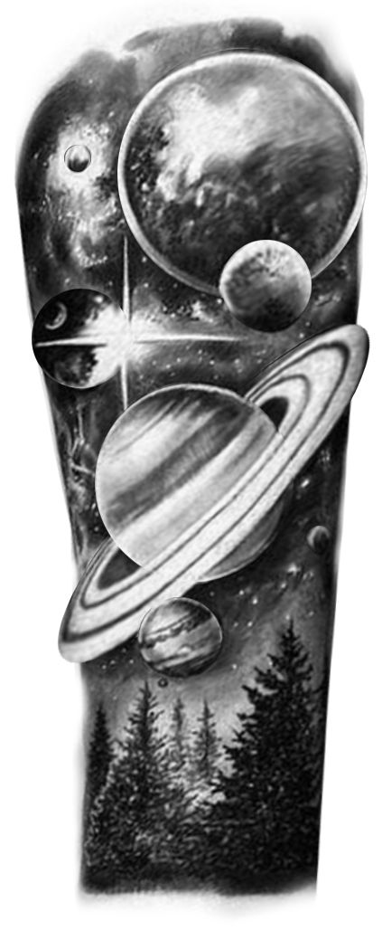 #ForestGalaxy Planet Sleeve Tattoo, Galaxy Tattoo Black And Grey, Galaxy Tattoo Sleeve Black And White, Universe Tattoo Galaxies Black And White, Black And White Space Tattoo, Galaxy Tattoo Black And White, Galaxy Tattoo Design, Space Tattoo Designs, Forest Galaxy