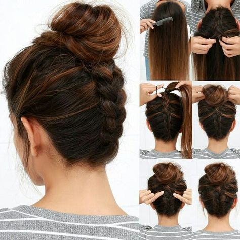 Hair Knot Tutorial, Reverse Braid, Top Knot Hairstyles, Hair Bun Tutorial, Bun Hair, Penteado Cabelo Curto, Holiday Hairstyles, Braided Bun, Trik Fotografi