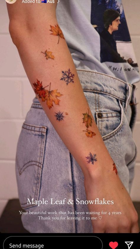 Leaf And Snowflake Tattoo, Autumn Tattoos For Women, Fall Themed Tattoos, Maple Leaves Tattoo, Autumn Leaf Tattoo, Fall Leaf Tattoo, Autumn Leaves Tattoo, Winter Tattoo Ideas, Maple Tattoo