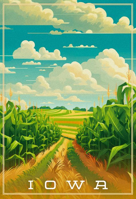 This art represents the largest producer of corn in the USA: the state of Iowa. Iowa Aesthetic, Miroslav Sasek, Iowa Landscape, Country Illustration, West Aesthetic, Midwest Art, Wanderlust Decor, Field Art, Corn Field