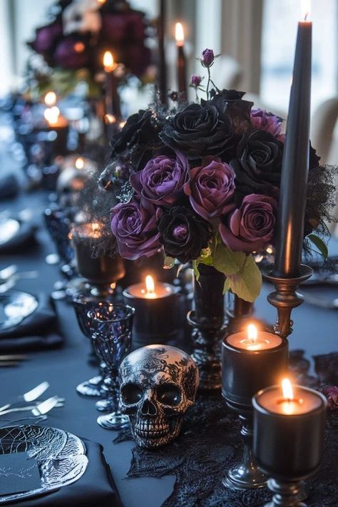 "Bring a bit of Halloween magic to your table with DIY Halloween Centerpieces! 🕯️🎃 Perfect for crafting a creepy, custom look for your Halloween party. 🌟✨ #HalloweenDIY #SpookyDecor #TableIdeas" Haunted Table Setting, Halloween Banquet Decorations, Witch Coven Halloween Party, Underworld Theme Party, Gothic Reception Ideas, Skull Themed Halloween Party, Witch Party Table Decor, Halloween Party Centerpieces For Table, Halloween Snack Table Decor