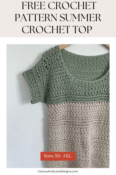 Learn how to crochet an easy summer crochet top with the Kya Tee free crochet pattern from Cactus And Lace Designs. Using beginner friendly stitches and light weight cotton yarn, this cute crochet tee will be the perfect addition to your summer wardrobe! Find the full size inclusive free crochet pattern on the blog, CactusAndLaceDesigns.com ! Crochet Shirt Pattern Free Women, Crochet Poncho Top Free Pattern, Crochet Top Easy Free Pattern, Crochet Short Sleeve Sweater Pattern Free, Cap Sleeve Crochet Top, Crochet Short Sleeve Top Pattern, Crochet Tee Shirts Free Pattern, Crochet Shirt Summer, Crochet Cotton Patterns