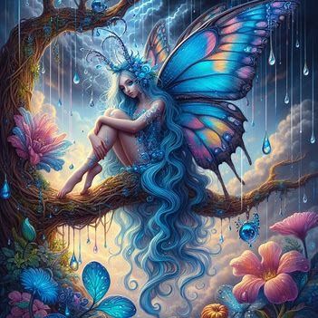 create for me, a mystical, mythical entity butterfly, bluehue, blue hair, big feathery wings, sitting in a tree looking down, dark thunder clouds, big transparent raindrops, big bold colored flowers with drops on them - Image Creator from Microsoft Designer Fae People, Bubble Fairy, Thunder Clouds, Cloud Hair, Ankle Bracelet Tattoo, Bracelet Tattoo, Sitting In A Tree, Unicorns And Mermaids, Tattoo Bracelet