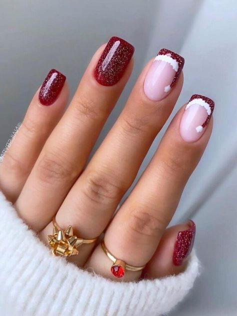 Christmas Powder Nails, Powder Christmas Nails, Dip Powder Christmas Nails, Red Christmas Nails Short, Cute Short Christmas Nails, Santa Hat Nails, Short Christmas Nails, Fast Nail, Nail Tip Designs