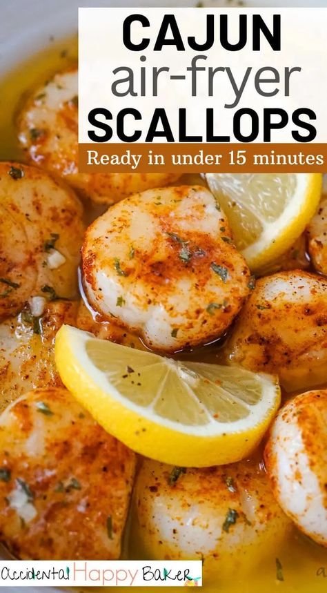 Sea scallops are incredibly quick and easy to prepare in the air fryer. Perfectly cooked and succulent scallops are dusted with cajun seasoning and then served with garlic butter for a seafood dish that rivals any seafood restaurant. But at a fraction of the cost! Air Fryer Scallops, Scallop Recipes Healthy, Frozen Scallops, Fried Scallops, Seafood Dish Recipes, How To Cook Scallops, Coquille St Jacques, Delicious Seafood Recipes, Air Fryer Oven Recipes