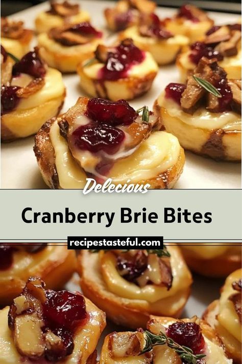 Cranberry Brie Bites are a delightful and elegant appetizer, perfect for holiday gatherings or special occasions. These bite-sized treats feature a buttery puff pastry shell filled with creamy Brie cheese and tangy cranberry sauce, optionally garnished with nuts, rosemary, and a drizzle of honey. They offer a perfect balance of savory and sweet flavors in a convenient, elegant form. Brie Bites Puff Pastry, Brie Cheese Appetizer, Cranberry Bites, Cranberry Brie Bites, Puff Pastry Shells, Brie Cranberry, Traditional Thanksgiving Recipes, Brie Puff Pastry, Cranberry Brie