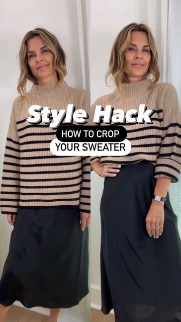 Bra Band Tuck Sweater, Sweater Tuck Hack Dress, Sweater Tucked Into Dress, Sports Bra Sweater Hack, Tuck Sweater Into Bra Hack, Tuck In Sweater How To, Oversized Sweater Tuck, Tuck Sweater Into Skirt, Bra Tuck Sweater