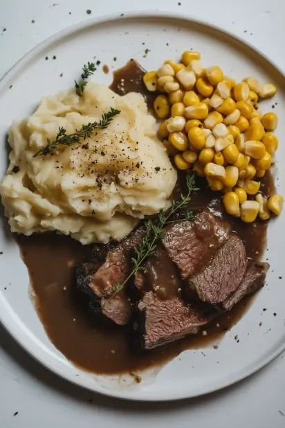 Beef Roast with Mashed Potatoes, Corn, and Gravy: a classic comfort meal with tender beef, creamy sides, and savory gravy. Try it today! Roast With Mashed Potatoes, Beef Roast, With Mashed Potatoes, Homemade Gravy, Slow Cooked Beef, Tender Beef, Roasted Corn, Creamy Mashed Potatoes, Frozen Corn