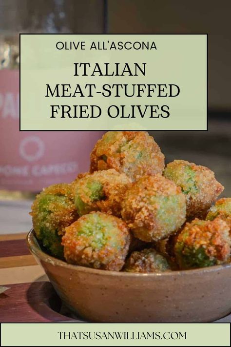 Italian Meat-Stuffed Fried Olives are authentically Italian, and divinely delicious! Make and freeze some to have whenever you have guests. Deep Fried Olives Recipe, Fried Stuffed Olives, Stuffed Olives Party Appetizers, Authentic Italian Side Dishes, Italian Starters Appetizers, Fried Olives Recipe, Stuffed Olives Recipe, Italian Fries, Fried Olives