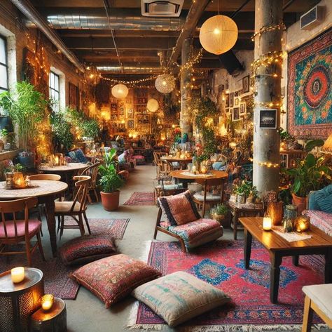 An intimate Bohemian Dinning experience Bohemian Coffee Shop, Cafe Design Inspiration, Stretch Tent, Cozy Coffee Shop, Bulb String Lights, Sound Studio, U Shaped Sofa, Cozy Coffee, Book Cafe