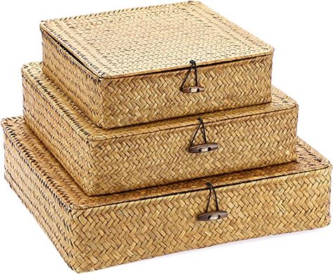 Amazon.com: Hipiwe Flat Wicker Basket Bins with Lid - Set of 3 Handwoven Seagrass Storage Basket Shelf Baskets Boxes Multipurpose Home Organizer Bins Boxes for Shelf Pantry Closet,Large Size 14.8"x13" : Home & Kitchen Wicker Storage Baskets, Shelf Baskets, Shelf Baskets Storage, Baskets For Shelves, Seagrass Storage Baskets, Storage Baskets With Lids, Organizer Bins, Wicker Storage, Home Organizer