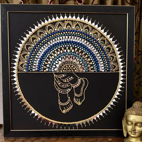 Krishna Feet Lippan Art, Mandala Art For Home Decor, Krishan Ji Lippan Art, Mirror Art On Canvas, Art Forms Ideas, Krishna Dot Mandala Art, Mirror Mandala Wall Art, Krishna Mirror Art, Mirror Mandala Art On Canvas