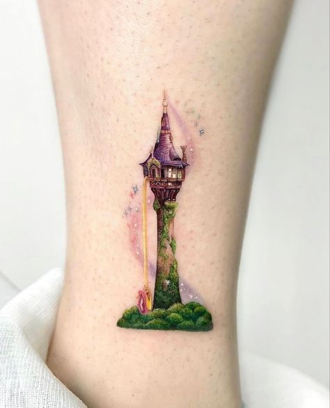 Tangled Tower Tattoo, Rapunzel Tower Tattoo, Tangled Castle, Disney Inspired Tattoo, Rapunzel Tattoo, Disney Inspired Tattoos, Barbie Tattoo, Cute Thigh Tattoos, Tattoo S