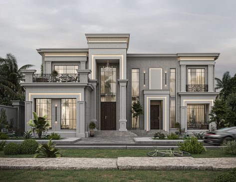 Neoclassical Modern Villa, External Home Design, New Classic Architecture Villa, Modern Neo Classical Architecture, Neo Classical Elevation, Neoclassical Architecture House, Neo Classic Villa Exterior, New Classic House, Classic Facade Design