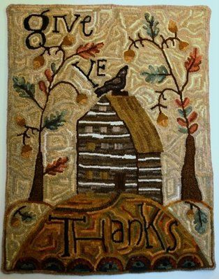 "Give ye Thanks" hooked rug ~ designed by Lori Brechlin/Notforgotten Farm ~ pattern offered by Spruce Ridge Studios ~ don't know who hooked this but it's gorgeous! Hook Rugs, Rug Hooking Kits, Hooked Rugs Primitive, Rug Hooking Designs, Color Plan, Primitive Rugs, Rug Hooking Patterns, Hand Hooked Rugs, Hooked Wool