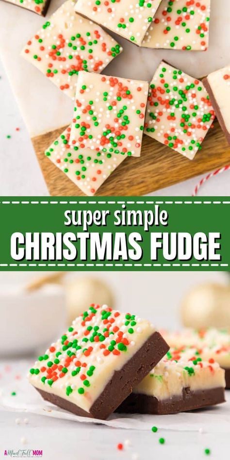 Made with layers of creamy milk chocolate, sweet white chocolate, and Christmas nonpareils, this holiday recipe puts a festive spin on homemade fudge. Chocolate Fudge Christmas, Christmas Chocolate Fudge, Christmas Bars Recipes, Christmas Food Recipes Dinners, Christmas Food Gifts Homemade, Christmas Nonpareils, Christmas Fudge Ideas, Xmas Fudge, Easy Christmas Fudge Recipe