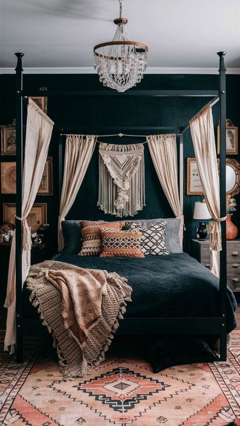 Moody Bedroom Canopy Bed, Gold Canopy Bedroom Ideas, Black Boho Style, Dark Boho Bedroom, Dark Boho Living Room, Boho Bedroom Decor Ideas, Western Bedroom Decor, Dark Boho, Moody Decor