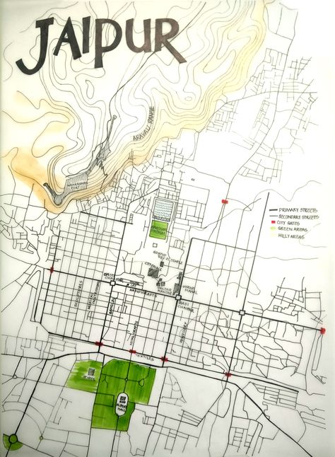 Week 1: Hi! I am Anubhuti, a graduate from India. This is a traced map of my hometown Jaipur, the city which bears an outstanding testimony to the continuity of urban planned settlement in history, on a site of great importance, where cultural traditions from many parts of Europe and India came together. I have named the places where I take walks during weekends! Pinterest Wall, Jaipur City, Heritage Architecture, Cultural Traditions, Architecture Drawing Plan, Technical Drawings, Communication Design, Jewellery Store, Urban Planning