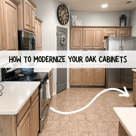 How To Refinish Honey Oak Cabinets, Old Oak Cabinets Kitchens, Bleaching Oak Kitchen Cabinets, Update Oak Kitchen Without Paint, Making Oak Cabinets Look Modern, Restaining Oak Cabinets Lighter, Before And After Oak Kitchen Cabinets, Oak Cabinet Makeover Paint, Washed Oak Kitchen Cabinets