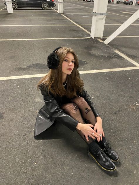 Leather Jacket And Fishnets Outfit, Doc Martens Fishnets, Leather Jacket Dr Martens Outfit, Leather Jacket Outfit Dress, Fishnets Outfit, Clothing Necessities, Rockstar Fashion, Martens Outfit, Leather Jacket Outfit