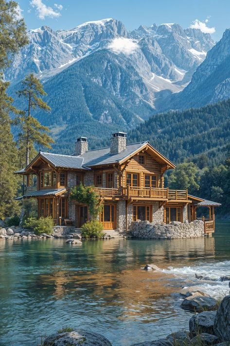 Lakeside Mountain Retreat 🏔️🏡 Houses In Alaska, Mountain Home Aesthetic, Lakeside Architecture, Alaskan House, Mountains Home, Lake Side House, Mountain Lake Home, Cottage Mountain, Mountain House Interior