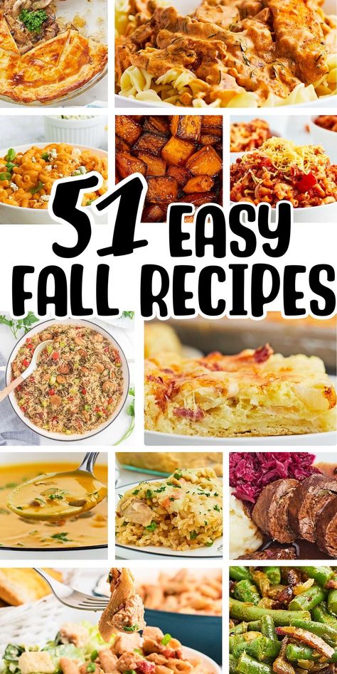 Collage of Easy Fall Recipes. Fall Theme Recipes, Easy Food For Party Dinners, Fall Themed Meals, Fire Station Meals, Southern Fall Recipes, Fall Party Food Ideas, October Meals, Easy Fall Recipes, Autumn Meals