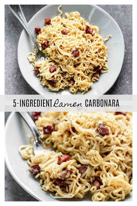 5-Ingredient Ramen Carbonara - Cooking for Keeps Fancy Ramen, Side Pasta, Carbonara Ramen, Ramen Carbonara, Ramen Ingredients, Pastas Recipes, Ramen Noodle Recipes, The Usual Suspects, Carbonara Recipe