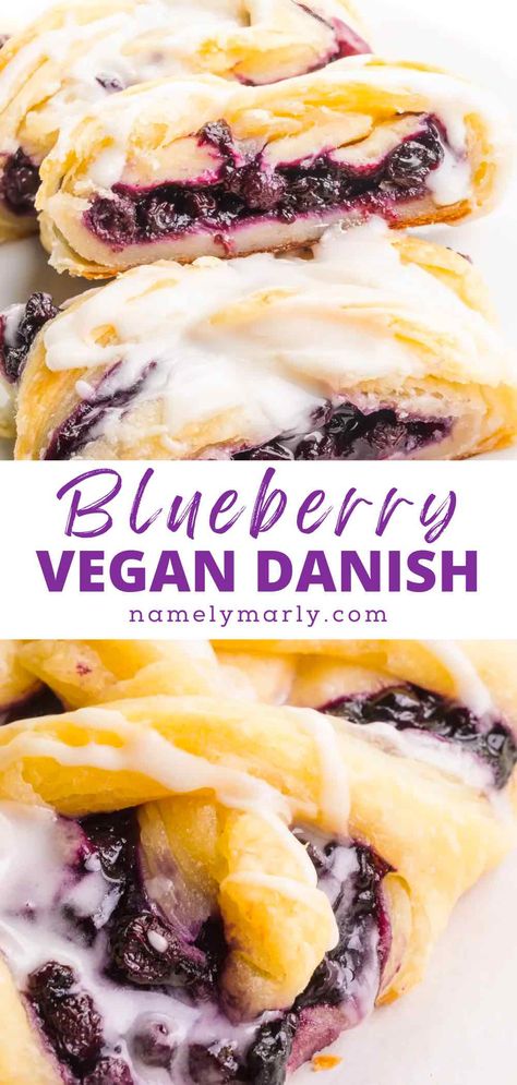 This Vegan Danish recipe offers a crispy, buttery crust, and a delightful blueberry filling, and it's all topped with a vanilla glaze. This is a perfect weekend pastry, especially if you're having guests for the weekend. No need to run to the coffee shop, have an elegant breakfast at home! #vegan #namelymarly #veganbreakfast Dairy Free Danish Recipe, Vegan Breakfast Pastry Recipes, Vegan French Pastries, Vegan Blueberry Desserts, Vegan Danish Pastry, Vegan Cheese Danish, Sweet Vegan Snacks, Vegan Danish Recipe, Vegan Blueberry Pie Recipe