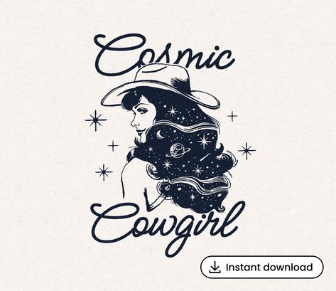 Introducing the digital download of our "Cosmic Cowgirl" vector graphic, an illustration that features a cowgirl adorned with long, flowing hair filled with a  starry night sky, complete with swirling galaxies, twinkling stars, and a distant planet. With the tagline, "Cosmic Cowgirl", this design exudes an otherworldly charm and mystical allure. This digital download includes a variety of file formats to suit your needs. Print-ready files (PDF) are ideal for creating home decor such as posters a Cowboy Illustration, Starry Night Moon, Cosmic Cowgirl, Cowgirl Svg, Cowgirl Tattoos, Graphic Png, Boho Space, Cowgirl Art, Space Cowboy