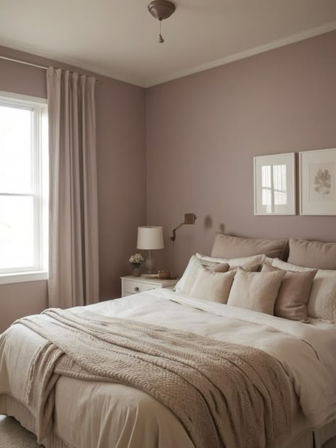 Cozy Accent Wall, Pink And Beige Bedroom, Mauve Living Room, Room Painting Bedroom, Room Color Ideas Bedroom, Mauve Bedroom, Beige Walls Bedroom, Inviting Colors, Room Color Combination