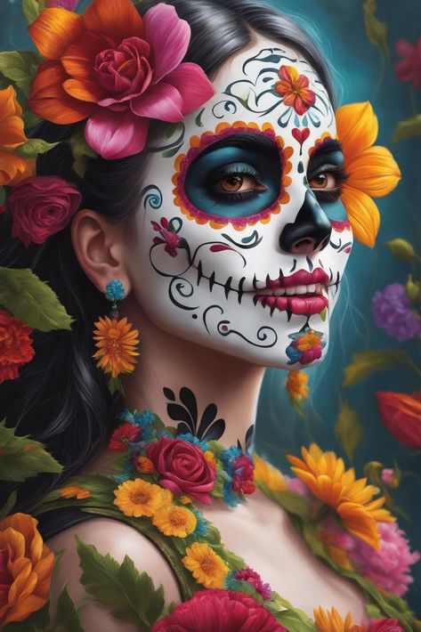 Mexican Sugar Skull Art Beautiful, Diy Sugar Skull, Phone's Wallpaper, Catrina Makeup, Latina Art, Sugar Skull Painting, Halloween Makeup Sugar Skull, Halloween Crown, Skull Face Paint