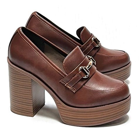 Brown High Heel Loafers, Brown Loafer Heels, High Heel Loafers Outfit, Chunky Heeled Loafers, Brown Platform Heels, Leather Flats Women, Comfy Heels, Brown Leather Flats, Block Heel Loafers