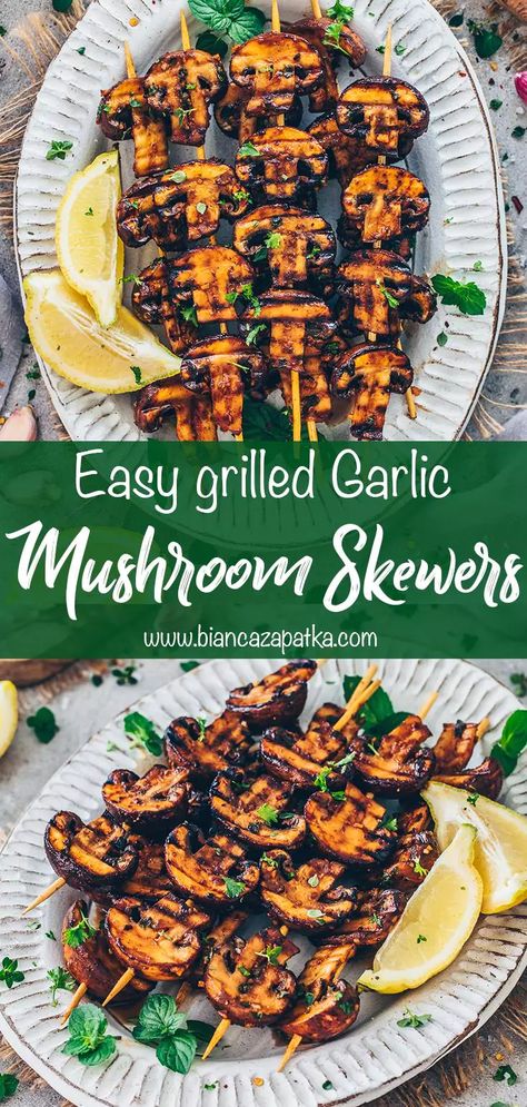 This quick and easy recipe for flavorful Grilled Garlic Mushroom Skewers is the perfect summer cookout side dish or appetizer! #mushrooms #garlic #garlicmushrooms #mushroomskewers #skewers #grilling #vegangrilling #bbq #barbecue #veganrecipes #vegetarian #recipes #food #vegan #lowcarb #diet #foodrecipes #weightloss #spicy #vegetables #healthyfood | biancazapatka.com Mushroom Skewers Grilled, Grilled Mushrooms Skewers, Veggie Skewers Grill, Mushroom Barbecue, Vegan Bbq Ideas, Bbq Mushrooms Recipes, Vegan Barbeque Recipes, Skewer Ideas, Vegetarian Skewers