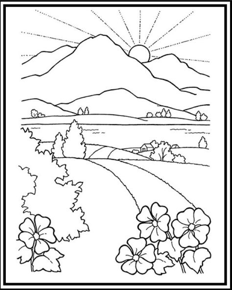 road-to-mountain-and-sunset-scenery-coloring-sheet - Free Great Mountain Scenery Coloring Pages Printable 13 Articles Of Faith, Scenery Drawing For Kids, Fargelegging For Barn, Coloring Pages Nature, Desen Realist, Articles Of Faith, صفحات التلوين, Landscape Quilts, Colouring Printables