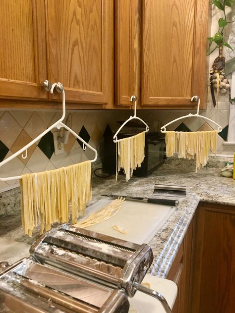 My DIY Fresh Pasta Hangers Handmade Pasta Aesthetic, Pasta Diy Noodles, Homemade Noodle Shapes, Homemade Pasta Dinner, Homade Pasta Noodles, Diy Pasta Board, Drying Pasta Homemade, How To Store Fresh Pasta, How To Dry Pasta Homemade