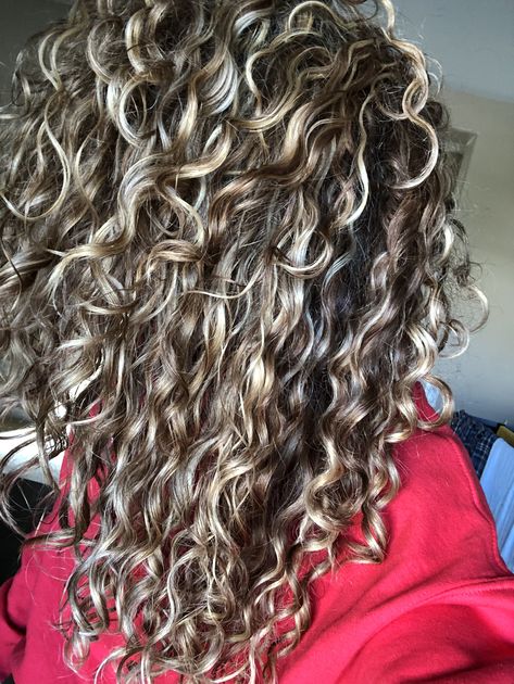 Curly Hair With Lowlights And Highlights, Highlight Lowlight Blonde Curly Hair, Highlighted Permed Hair, Curly Hair Highlights Lowlights, Medium Brown Hair With Highlights Curly, Hair Dye Ideas Highlights, Fine Blonde Highlights, Ash Blonde Highlights Curly Hair, Curly Hair Dye Ideas Highlights