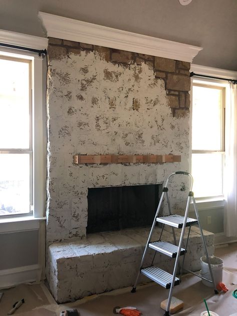 DIY $65 Fireplace Transformation Fo Fireplace, Indoor Chimney, Fireplace Remodel Diy, Fireplace Cleaner, Fireplace Facelift, Diy Stone Fireplace, Fireplace Transformation, Painted Stone Fireplace, German Schmear