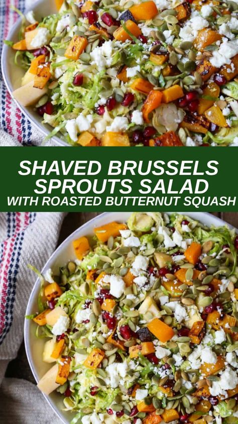 Shaved Brussels Sprout Salad with Roasted Butternut Squash - The Roasted Root Salad With Roasted Butternut Squash, Cinnamon Dressing, Brussel Sprout Slaw, Shaved Brussel Sprout Salad, Fall Salads, Brussel Sprout Salad Recipes, Sprouting Sweet Potatoes, Shaved Brussel Sprouts, Brussels Sprout Salad