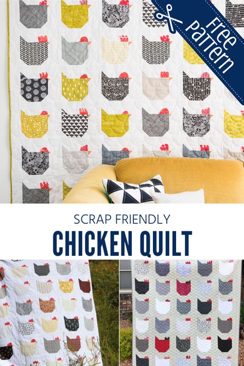 Chicken Quilt Block Pattern, Chicken Quilt Block, Sewing With Scraps, Farm Quilt Patterns, Farm Animal Quilt, Free Quilt Tutorials, Fat Quarter Quilt Pattern, Quilt Blocks Easy, Chicken Quilt