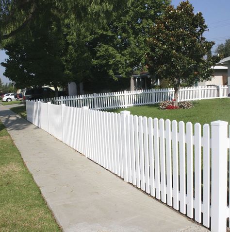 Vinyl Picket Fence, Vinyl Fences, White Vinyl Fence, Garden Sanctuary, Vinyl Fencing, How To Install Pavers, Front Fence, White Fence, Fence Styles