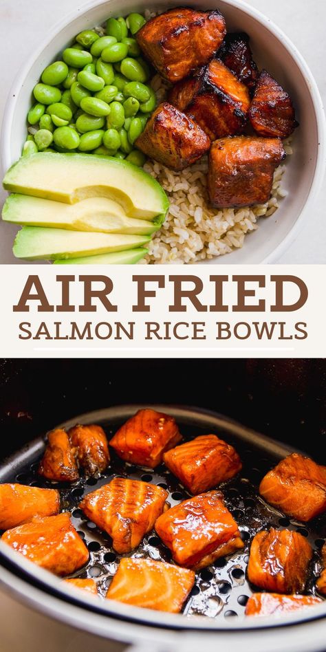 Teriyaki Salmon Bites, Bowls Ideas, Salmon Bites, Resep Seafood, Salmon Rice, Teriyaki Salmon, Salmon And Rice, Air Fryer Dinner Recipes, Health Dinner