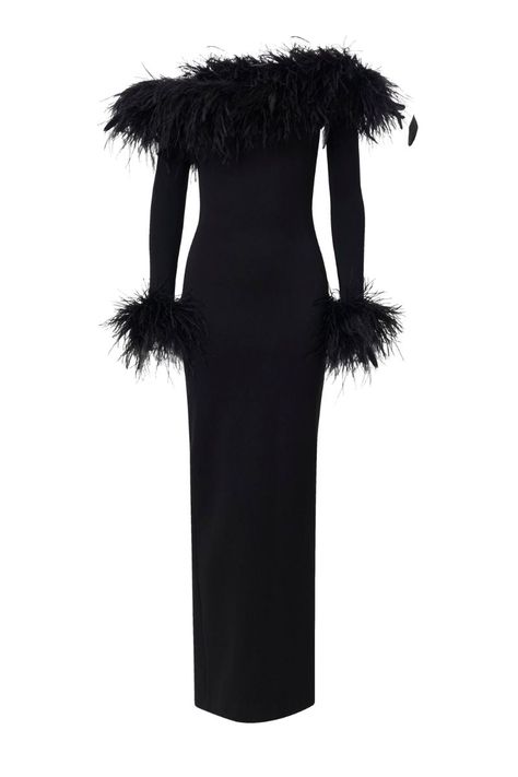 CHARLOTTE BLACK FEATHER-TRIMMED MAXI DRESS | Miscreants | CULT MIA Feather Dress Outfit, Black Dress With Feathers, Feather Clothes, Black One Piece Dress, Dresses With Feathers, Feather Trim Dress, Paint Clothes, Black Feather Dress, Feather Gown