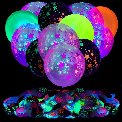 PRICES MAY VARY. ★【Star Neon Balloons】: Balloons for glowing party decorations, contains 90 black light party balloons, including: 30 black star balloons, 30 transparent star balloons, 30 colorful balloons, turn on your UV black light, in Make it super bright in a dark party theme for a stunning visual effect. ★【Balloons that Glow in the Dark】: 90 party black light balloon sets are enough to decorate your birthday party, are neon in normal light, fluorescent in specific violet light, very beauti Light Balloons, Neon Balloons, Glow Party Decorations, Neon Stars, Light Up Balloons, Balloon Glow, Glow Party Supplies, Photo Balloons, Neon Birthday