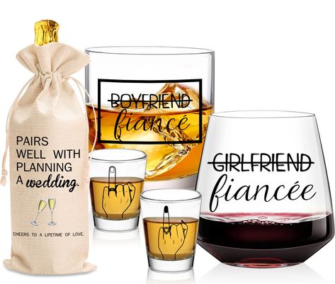 PRICES MAY VARY. 💝【Est 2024 Unique wedding gift】This 5 Pieces bride gifts consist of 10oz Stemless red wine glass and 14oz whiskey glass and 2oz Ring Finger Wedding Wine Glasses*2 and a wine bag.Designed for newlyweds, the marriage gifts set is also a top choice for the newest engagement,Valentine's Day,wedding, anniversary, newlywed, wedding registry, Mr. and Mrs, him and her gifts in 2024. 💝【Funny wine glasses set】the package comes with 5 pieces of engagement gifts glasses in 2 different sty Creative Engagement Gifts, Wine Engagement Gift, Engaged Gifts, Best Engagement Gifts, Funny Wine Glasses, Wedding Gifts For Newlyweds, Engagement Gifts Newly Engaged, Engagement Humor, Bride And Groom Glasses