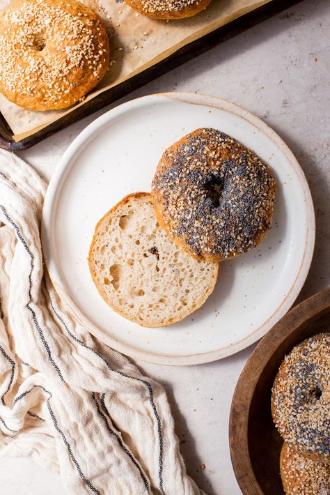 These Gluten-Free Sourdough Bagels are made with gluten-free sourdough starter, whole grain gluten-free flours, and whichever toppings and mix-ins you love! They're vegan and perfect for enjoying fresh from the oven or keeping in the freezer for a rainy day. Sorghum Recipes, Gluten Free Bread Flour, Gluten Free Sourdough Starter, Vegan Bagel, Homemade Gluten Free Bread, Sourdough Bagels, Gluten Free Bagels, Gluten Free Sourdough, Croutons Homemade