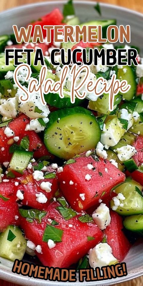 Watermelon salad is the essence of summer. The refreshing combination of sweet watermelon, cool cucumbers, and salty feta with a pop of fresh mint means this watermelon feta salad recipe is easy to make and easy to enjoy with friends and family.Every bite of this watermelon salad is refreshing and packed with sweet and salty flavors. Watermelon season is my absolute favorite! I love the sweet, cool, refreshing taste of this summertime fruit so much that I add it to sangria in my Watermelon Sangria recipe and I even put it on the grill. When it comes to watermelon I do not mess around. Watermelon Sangria Recipe, Feta Cucumber Salad, Watermelon Cucumber Feta Salad, Watermelon Feta Salad Recipes, Cucumber Watermelon Salad, Picnic Salad Recipes, Watermelon Salsa Recipe, Picnic Salads, Feta Cucumber