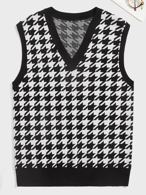 Black and White Preppy  Sleeveless Viscose Houndstooth Pullovers  Slight Stretch Spring/Fall Men Knitwear Unisex Garments, Houndstooth Knit, Men Knitwear, Shein Men, Two Piece Set Pants, Maxi Dress Cocktail, Plus Size Jumpsuit, Cardigan Vest, Knitwear Men