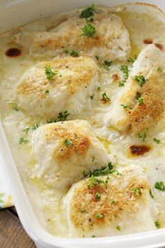 This baked cod is hands-down my favorite fish dish. It turns out perfectly flaky every time. The flavorful, creamy sauce puts it over the top! #TipsAndAdviceForBackPain Cod In Cream Sauce, Heat Spray, Cod Fillets, Cod Fish Recipes, Fish Recipes Baked, Recipes Fish, Fish Dinner Recipes, Valentine Recipes, Healthy Facts