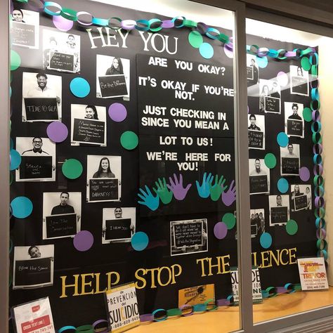 School Wellbeing Display, Mental Health Door Ideas Classroom, Prevention Bulletin Board, Mens Mental Health Bulletin Board, Safeguarding Display Board, Mental Health Booth Ideas, High School Bulletin Board Ideas Hallways, Staff Wellbeing Board, School Display Case Ideas