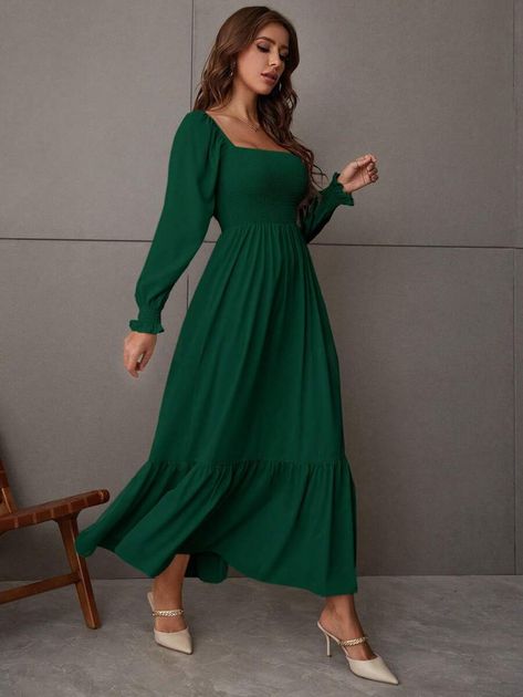 SHEIN VCAY Square Neck Shirred Ruffle Hem Dress | SHEIN USA Fashion Design Patterns, Ruffle Hem Dress, Women Long Dresses, Curvy Outfits, Design Patterns, Long Dresses, Hem Dress, Club Dresses, Women Dresses